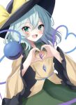  1girl :d absurdres atory black_hat blush bow commentary cowboy_shot fang green_eyes green_hair green_skirt happy hat hat_bow heart heart-shaped_pupils heart_hands heart_in_heart_hands heart_of_string highres koishi_day komeiji_koishi long_sleeves looking_at_viewer open_mouth shirt short_hair simple_background skin_fang skirt smile solo symbol-shaped_pupils third_eye touhou white_background wide_sleeves yellow_bow yellow_shirt 