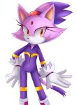  1girl animal_ears blaze_the_cat cat_ears cat_girl cat_tail forehead_jewel fur-trimmed_gloves fur_trim furry furry_female gloves highres jumpsuit looking_at_viewer mary7ka ponytail purple_jumpsuit simple_background sonic_(series) sonic_riders tail white_background white_gloves yellow_eyes 