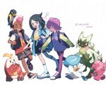  1boy 2girls bag black_hair black_shorts blue_eyes closed_mouth dark-skinned_male dark_skin dot_(pokemon) eyelashes floragato fuecoco hair_ornament hairclip hat hatenna highres holding jacket liko_(pokemon) long_sleeves multicolored_hair multiple_girls open_clothes open_mouth ototoi_(eevees813) pants pokemon pokemon_(anime) pokemon_(creature) pokemon_horizons quaxly roy_(pokemon) shirt short_hair short_sleeves shorts smile teeth terapagos terapagos_(normal) tinkatink vest wattrel white_shirt 