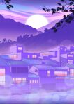 absurdres architecture balcony commentary english_commentary fog full_moon highres moon mountainous_horizon no_humans original owakita power_lines purple_sky purple_theme railing real_world_location river rooftop scenery silhouette sky tree water window 