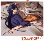  2girls blue_hair blue_shirt closed_eyes commentary cuddling english_text highres honkai_(series) honkai_impact_3rd kiana_kaslana long_hair long_sleeves multiple_girls on_bed orange_shirt parted_lips pillow raiden_mei salt66666 shirt short_sleeves sleeping under_covers white_hair yuri zzz 