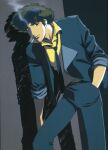  1boy cigarette cowboy_bebop formal hand_in_pocket highres kawamoto_toshihiro looking_at_viewer messy_hair necktie official_art shadow shirt smoking solo spike_spiegel yellow_shirt 