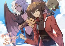  1boy ^_^ animal_on_shoulder black_shirt brown_eyes cat closed_eyes clouds cloudy_sky dated duel_academy_uniform_(yu-gi-oh!_gx) duel_monster ed_(edus909) hair_between_eyes happy_birthday jacket lips long_sleeves looking_at_viewer male_focus multicolored_hair one_eye_closed pharaoh_(cat) raised_fist red_jacket shirt short_hair sky two-tone_hair upper_body yu-gi-oh! yu-gi-oh!_gx yubel yuki_judai 