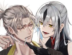  1boy 1girl absurdres black_hair cigarette fate/grand_order fate_(series) frown furrowed_brow grey_eyes grey_hair half_updo halterneck hand_on_another&#039;s_chin haruakira highres jacket long_hair looking_at_another multicolored_hair open_mouth portrait simple_background smile smoking takeda_shingen_(fate) two-tone_hair uesugi_kenshin_(fate) white_background yellow_eyes 