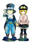  1boy 1girl artist_name ascot bandaid bandaid_on_face belt blonde_hair blue_eyes boots brown_gloves commentary_request frilled_shirt frills gloves goggles goggles_on_headwear hanakotoba28 hand_on_headwear hat highres holding_hands koala_(one_piece) looking_at_another one_piece pink_shirt sabo_(one_piece) shirt short_hair shorts simple_background skirt smile starry_sky_print thigh-highs top_hat white_ascot white_background 