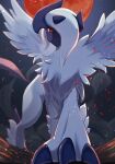  absol absurdres claws closed_mouth feathered_wings forehead_jewel full_moon highres horns looking_at_viewer mega_absol mega_pokemon moon no_humans oimo_(0o_oimo_) one_eye_covered outdoors pokemon pokemon_(creature) red_eyes red_moon solo white_fur white_wings wings 