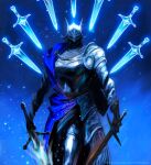  1girl armor blue_surcoat blue_theme breastplate casting_spell covered_eyes crescent dual_wielding elden_ring facing_viewer flaming_sword flaming_weapon full_armor glowing glowing_sword glowing_weapon helmet helmet_over_eyes holding holding_sword holding_weapon light_particles rellana_twin_moon_knight sword victor_garcia weapon 