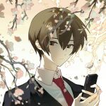  1boy black_jacket brown_eyes brown_hair cellphone cherry_blossoms chinese_commentary closed_mouth collared_shirt commentary_request flower hair_between_eyes highres holding holding_phone jabuchi_you jacket male_focus necktie phone pink_flower portrait red_necktie saibou_shinkyoku shirt short_hair solo suit_jacket white_shirt xiaohuaitongxue 
