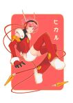  1girl angelic_layer bodysuit border cable floating full_body gloves headset highres hikaru_(angelic_layer) huisang0000 looking_at_viewer parted_lips pink_hair red_bodysuit red_eyes red_gloves red_thighhighs short_hair solo thigh-highs translation_request white_border 
