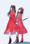  2girls animification boots crown dress from_below full_body heart hrd0c long_dress long_sleeves looking_at_viewer looking_back multiple_girls real_life red_dress red_footwear red_socks red_velvet_(group) seulgi_(red_velvet) signature socks 