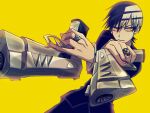  1boy absurdres aiming aiming_at_viewer black_hair black_suit death_the_kid dual_wielding gun handgun highres holding holding_gun holding_weapon jewelry multicolored_hair ring ringed_eyes skull_ring solo soul_eater striped_hair suit user_yddr3472 weapon yellow_background yellow_eyes 
