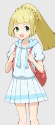  1girl :d backpack bag blonde_hair blush braid commentary_request eyelashes green_eyes happy highres holding_strap knees koroni_(nkrgs) lillie_(pokemon) long_hair open_mouth pink_bag pleated_skirt pokemon pokemon_sm shirt short_sleeves skirt smile solo white_skirt 