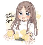  1girl bang_dream! bang_dream!_it&#039;s_mygo!!!!! blue_eyes brown_hair commentary_request english_text happy_birthday highres long_hair long_sleeves nagasaki_soyo open_mouth same_(same_d4) shirt smile solo upper_body white_background white_shirt yellow_background 