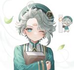  1boy aged_down alhaitham_(genshin_impact) alpaitham aqua_eyes bandaid bandaid_on_face bandaid_on_forehead beret book closed_mouth forehead genshin_impact green_hat green_shirt grey_hair hair_between_eyes hat highres holding holding_book long_sleeves male_focus multicolored_hair one_eye_closed shirt short_hair solo 