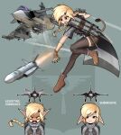  1girl absurdres aircraft airplane ammunition_belt angry black_thighhighs blonde_hair braid brown_footwear brown_gloves brown_shorts canards english_text fighter_jet fingerless_gloves frown full_body gloves highres jet looking_at_viewer midriff military_vehicle missile multiple_views original pandramodo pointy_ears ponytail saab_gripen short_sleeves shorts solo standing thigh-highs yellow_eyes 