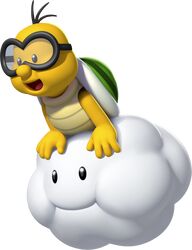  1boy 3d clouds colored_skin goggles highres lakitu new_super_mario_bros._u official_art open_mouth simple_background solo super_mario_bros. transparent_background yellow_skin 