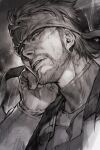  1boy bandana beard close-up facial_hair from_below hand_on_own_ear hankuri looking_ahead metal_gear_(series) monochrome short_hair solid_snake solo 