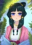  1girl absurdres black_hair blue_eyes branch chinese_clothes earrings highres jewelry kusuriya_no_hitorigoto leaf looking_at_viewer maomao_(kusuriya_no_hitorigoto) necklace solo straight-on studiohaoto upper_body 