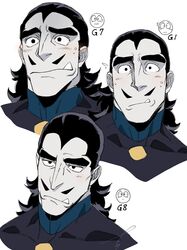 1boy aquiline_nose black_eyes black_hair collage colored_skin cropped_shoulders desha_(ousama_ranking) expressions facial_hair grey_skin highres huge_eyebrows looking_at_viewer male_focus medium_hair mullet muscular muscular_male mustache ousama_ranking pencil_mustache sanpaku sashimi_oran sharp_teeth shy surprised teeth tusks 
