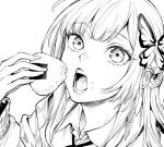  1girl butterfly_hair_ornament close-up eating eyebrows_hidden_by_hair food food_on_face greyscale hair_ornament holding holding_food iro_marimo looking_at_viewer monochrome onigiri open_mouth original rice rice_on_face solo 