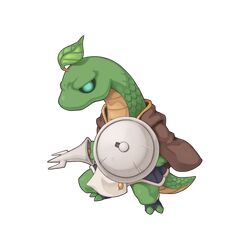  brown_cape cape chibi chibi_only combat_basilisk creature fighting_stance full_body holding holding_polearm holding_shield holding_weapon lance leaf leaf_on_head looking_at_viewer no_humans official_art polearm ragnarok_online shield simple_background snake solo transparent_background weapon yuichirou 