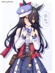  1girl :&lt; alternate_costume animal_ears belt_bag black_hair clenched_hands clothing_cutout commentary_request cosplay ei_ei_mun! hat highres horse_ears horse_tail manhattan_cafe_(umamusume) matikane_tannhauser_(umamusume) matikane_tannhauser_(umamusume)_(cosplay) shoulder_cutout simple_background solo tail translation_request twitter_username umamusume yellow_eyes yuusen_(aenka) 