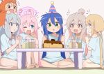  6+girls :d ;d ? absurdres ahoge bambi2000line barefoot birthday birthday_cake blonde_hair blue_archive blue_eyes blue_hair blue_shirt blunt_bangs blush bow bright_pupils brown_eyes cake center-flap_bangs chestnut_mouth chibi chibi_inset chibi_on_head clapping collarbone commentary_request cosplay crossover doma_umaru eromanga_sensei feet_out_of_frame food fork full_body futaba_anzu green_eyes grey_hair hair_between_eyes hair_bow hands_up happy hat highres himouto!_umaru-chan holding holding_fork holding_knife hoshino_(blue_archive) idolmaster idolmaster_cinderella_girls indian_style indoors izumi_konata izumi_sagiri knees_up knife legs_together light_brown_hair long_hair looking_at_another looking_at_food looking_down low-tied_long_hair low_twintails lucky_star mole mole_under_eye multiple_crossover multiple_girls notice_lines on_head one_eye_closed onii-chan_wa_oshimai! open_mouth orange_hair oyama_mahiro oyama_mahiro_(cosplay) party_hat pink_bow pink_hair shirt sidelocks simple_background single_bare_shoulder sitting smile soles straight_hair sweatdrop tareme toes trait_connection twintails v-shaped_eyebrows very_long_hair 