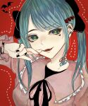 1girl absurdres bandaid ear_piercing hair_ornament hatsune_miku heart highres jirai_kei komisyo-project long_hair long_sleeves looking_at_viewer mask mouth_mask open_mouth piercing red_background ribbon shirt simple_background solo twintails vampire_(vocaloid) 