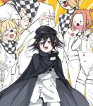  2girls 3boys black_cape blush cape checkered_clothes checkered_scarf clown_mask commentary_request crossed_arms danganronpa_(series) danganronpa_v3:_killing_harmony fang hair_between_eyes happy hat heart highres male_focus mask multiple_boys multiple_girls no? oma_kokichi open_mouth purple_hair scarf short_hair sketch skin_fang smug sparkle standing straitjacket violet_eyes yellow_background 