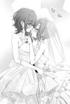  2girls asanagi_yori blush bridal_veil closed_eyes closed_mouth commentary dress elbow_gloves gloves greyscale half_updo highres hug kino_himari looking_at_another lwmina70119 medium_hair monochrome multiple_girls sasayaku_you_ni_koi_wo_utau sleeveless sleeveless_dress veil wedding_dress wife_and_wife yuri 