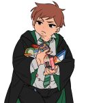  1boy black_eyes cloak collared_shirt double_chin eric_cartman fat food frown harry_potter_(series) hogwarts_school_uniform holding holding_food long_sleeves looking_to_the_side male_focus necktie school_uniform shirt slytherin solo south_park striped_necktie ten_(lu2948d) wizarding_world 