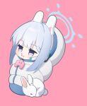  1girl animal animal_ears blue_archive blue_halo blush cheenack chibi closed_mouth earpiece fake_animal_ears grey_hair halo highres long_hair miyako_(blue_archive) pink_background rabbit rabbit_ears simple_background solo violet_eyes 