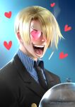  1boy artist_name black_necktie blonde_hair cigarette commentary curly_eyebrows english_commentary facial_hair formal hair_over_one_eye heart heart-shaped_eyes male_focus mouth_hold necktie one_eye_covered one_piece open_mouth realistic sanji_(one_piece) sebijy short_hair signature smile smoke solo suit teeth web_address 