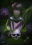  1girl 38_(sanjuuhachi) black_hair black_nails blunt_bangs bob_cut collared_shirt colored_inner_hair commentary_request dark dot_nose flower_request green_hair highres holding holding_skull hood hood_down hoodie long_sleeves looking_at_viewer multicolored_clothes multicolored_hair multicolored_hoodie necktie original parted_lips purple_necktie shirt short_hair skull solo sword upper_body violet_eyes weapon 