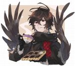  1boy absurdres ahoge box box_of_chocolates brown_hair brown_jacket brown_scarf brown_wings chocolate coffee coffee_cup commentary cup disposable_cup feathered_wings gloves granblue_fantasy hair_between_eyes highres jacket layered_sleeves light_smile looking_at_viewer male_focus messy_hair official_alternate_costume red_eyes ribbed_sweater sandalphon_(granblue_fantasy) scarf simple_background solo_focus sparkle star_(symbol) steam sweater symbol-only_commentary upper_body wings yakota_(usuk-yako) 
