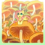  1girl absurdres artist_name feathered_wings fluttershy green_eyes highres long_hair looking_up mushroom my_little_pony my_little_pony:_friendship_is_magic no_humans on_mushroom open_mouth pegasus pink_hair resoi0 solo wings yellow_fur yellow_wings 