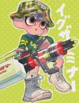  1boy :d blue_shirt brown_eyes bucket_hat collared_shirt commentary_request cross-laced_footwear full_body green_background green_hat green_sweater gun hat heavy_edit_splatling_(splatoon) high_tops highres holding holding_gun holding_weapon kstr_890 male_focus octoling octoling_boy octoling_player_character open_mouth shirt shoes simple_background smile sneakers solo splatoon_(series) splatoon_3 sweater tentacle_hair translation_request weapon white_footwear 