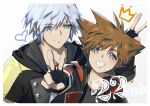  2boys absurdres anniversary black_gloves black_jacket black_shirt blue_eyes blue_hair brown_hair chinese_commentary commentary_request crown fermium.ice fingerless_gloves gloves gradient_background grin hand_up happy heart highres hood hood_down jacket jewelry kingdom_hearts kingdom_hearts_iii looking_at_another looking_at_viewer looking_down male_focus multiple_boys necklace pendant riku_(kingdom_hearts) shirt short_hair short_sleeves smile sora_(kingdom_hearts) spiky_hair upper_body v v-neck white_shirt 