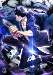  1boy aura black_hair blue_eyes dagger dark_aura dual_wielding highres holding holding_weapon hood hoodie knife light male_focus pants shirt shoes short_hair solo solo_leveling sung_jin-woo weapon zaregoto_tsukai_no_deshi 