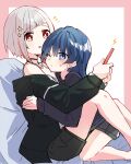  2girls :o arms_around_back black_choker black_jacket black_shirt black_shorts blue_eyes blue_hair blush bob_cut border choker closed_mouth colored_inner_hair commentary_request dark_blue_hair diagonal_bangs dollchestra grey_hair hair_down hair_ornament highres holding holding_phone hug inverted_bob jacket jacket_partially_removed kanduki_kamibukuro kneeling knees_up light_frown lightning_bolt_symbol link!_like!_love_live! long_hair long_sleeves looking_at_another love_live! multicolored_hair multiple_girls murano_sayaka notice_lines on_bed one_eye_closed open_mouth outside_border person_between_thighs phone pink_border red_eyes redhead shirt short_hair shorts sitting small_sweatdrop star_(symbol) star_hair_ornament streaked_hair t-shirt tank_top virtual_youtuber white_background white_tank_top yugiri_tsuzuri yuri 