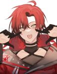  1boy ahoge bishounen black_choker black_gloves choker gloves hand_up highres holostars holostars_english machina_x_flayon male_focus open_mouth pointing pointing_at_self redhead short_hair simple_background solo upper_body white_background xmayo0x 