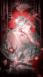  1girl acheron_(honkai:_star_rail) bone cross flower flower_over_eye hair_over_one_eye highres holding holding_sword holding_weapon honkai:_star_rail honkai_(series) horns japanese_clothes kimono long_hair official_alternate_costume pale_skin red_eyes red_flower scabbard sheath sheathed skeleton solo sword weapon white_hair white_kimono zhuzhiyi_zhulu 