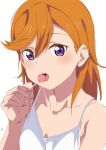  1girl candy food highres licking lollipop looking_at_viewer love_live! love_live!_superstar!! nagi_mkrnpn orange_hair shibuya_kanon shirt spaghetti_strap tongue tongue_out violet_eyes white_background white_shirt 