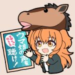  1girl black_jacket brown_background commentary_request cosplay horse_head jacket long_hair long_sleeves lowres mayano_top_gun_(racehorse) mayano_top_gun_(racehorse)_(cosplay) mayano_top_gun_(umamusume) open_clothes open_jacket orange_eyes orange_hair pose_imitation real_life simple_background solo tabara_seiki tabara_seiki_(cosplay) translation_request two_side_up umaajiha umamusume 
