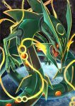  black_sclera claws colored_sclera colored_skin dashinoya earth_(planet) fangs flying glowing glowing_eyes green_skin in_orbit mega_pokemon mega_rayquaza no_humans open_mouth planet pokemon pokemon_(creature) rayquaza solo space 