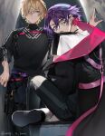 2boys :o absurdres alley belt belt_pouch black_choker black_jacket black_pants black_shirt blonde_hair blue_eyes chest_harness choker closed_mouth colored_inner_hair curtained_hair ear_piercing expressionless fang feet_out_of_frame flipped_hair foot_out_of_frame fura_kanato hair_between_eyes hair_intakes hair_over_one_eye harness highres jacket jewelry knee_up long_sleeves looking_at_viewer looking_back male_focus multicolored_hair multiple_boys necklace night nijisanji off_shoulder orange_hair outstretched_arm pants piercing pink_belt pink_hair pouch purple_belt purple_hair shirt shoe_soles short_hair short_sleeves sitting skin_fang sleeves_past_elbows smile standing streaked_hair t-shirt trash_can turtleneck twitter_username unagi_to_kame virtual_youtuber watarai_hibari white_footwear white_shirt yellow_eyes 