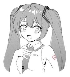  1girl :d bad_id bad_twitter_id blush collared_shirt dithering furrowed_brow greyscale hair_between_eyes hand_on_own_chest hatsune_miku highres long_hair looking_at_viewer monochrome necktie number_tattoo shirt shoulder_tattoo sleeveless sleeveless_shirt smile solo stipitoon tattoo tie_clip twintails upper_body vocaloid white_background wing_collar 