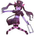  1girl @_@ bag between_fingers black_hair black_shirt black_thighhighs bmp-to-png_conversion chrome_(mon-musu_quest!) colored_skin crop_top cross demon_girl full_body game_cg glowing_horns hacksaw hair_between_eyes hat holding holding_syringe horizontal-striped_thighhighs horns knees_together_feet_apart long_hair looking_at_viewer lowres midriff mon-musu_quest! navel non-web_source nurse_cap open_mouth outstretched_arms pink_eyes pink_horns pink_thighhighs puffy_short_sleeves puffy_sleeves purple_footwear purple_skin red_cross saw shirt short_sleeves shorts shoulder_bag simple_background solo striped_clothes striped_thighhighs suspender_shorts suspenders syringe thigh-highs transparent_background twintails un_do 