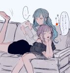  ... 2girls anger_vein bang_dream! bang_dream!_it&#039;s_mygo!!!!! barefoot black_ribbon black_skirt blue_hair cellphone closed_eyes commentary couch grey_shirt hair_ribbon highres holding holding_phone long_hair lying_on_lap moyo_(moyo_4) multiple_girls off-shoulder_shirt off_shoulder on_couch open_mouth parted_lips phone ribbon shirt sitting skirt smartphone speech_bubble spoken_anger_vein spoken_ellipsis togawa_sakiko two_side_up yellow_eyes yuutenji_nyamu 