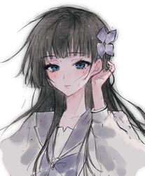  1girl black_hair blue_eyes blush chinese_commentary closed_mouth commentary_request flower grey_shirt hair_behind_ear hair_flower hair_ornament half-closed_eyes hand_up highres long_hair long_sleeves looking_at_viewer neckerchief purple_flower purple_neckerchief purple_sailor_collar sailor_collar sanka_rea sankarea school_uniform serafuku shirt simple_background smile solo tucking_hair upper_body wet white_background xiao_dan_buding 